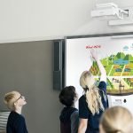 Teacher explaining students on whiteboard in classroom